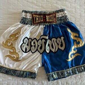 Thai Boxing Muay Thai Shorts Unisex‎ XS Blue White Satin Gold Flame Excellent